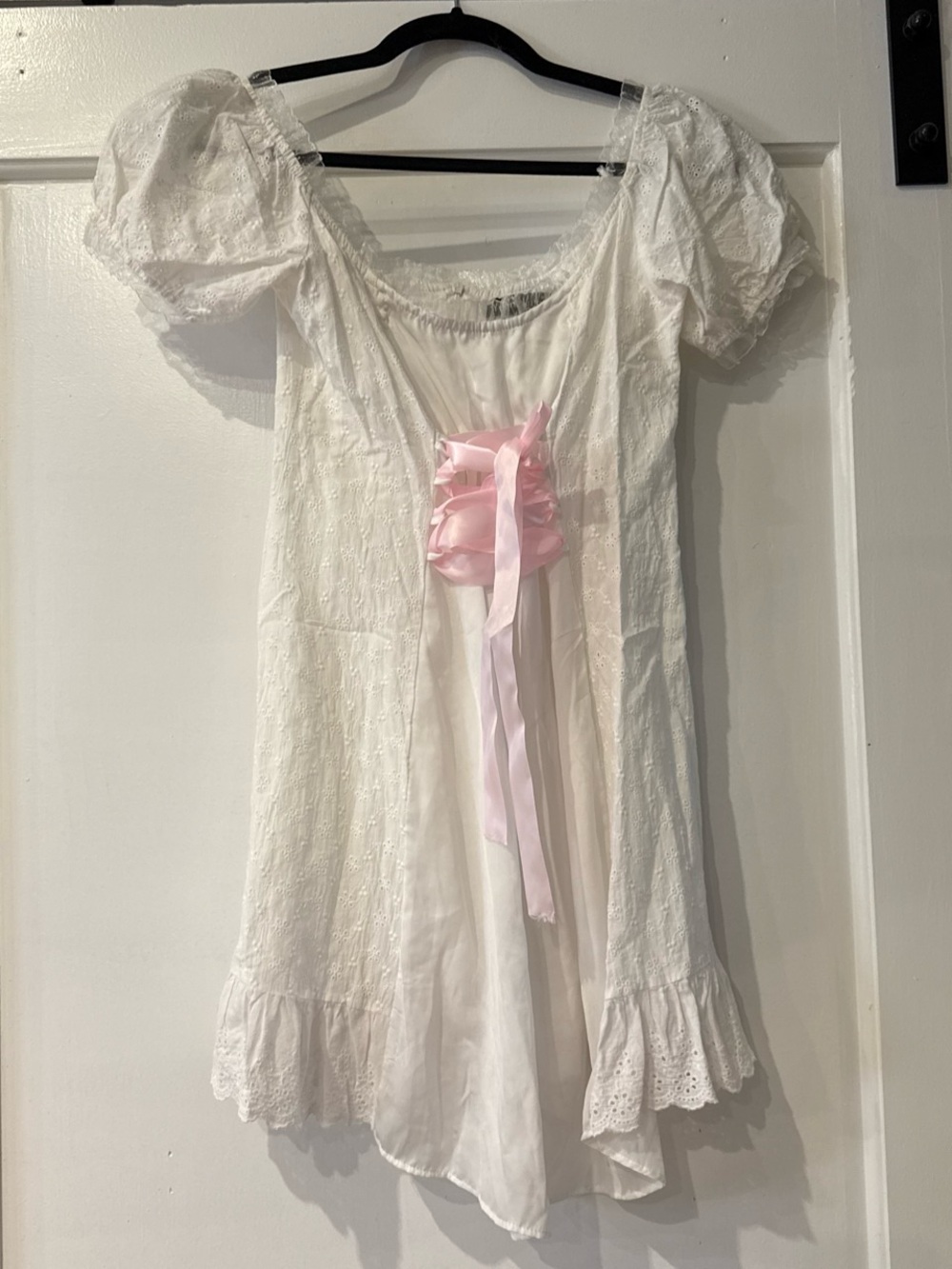 White Mini Dress with Pink Ribbon Accent